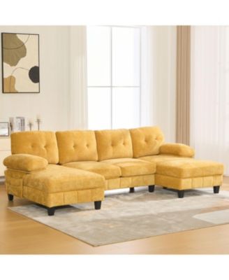 U-Shaped Chenille Sectional Sofa with Dual Chaise & Storage - Yellow