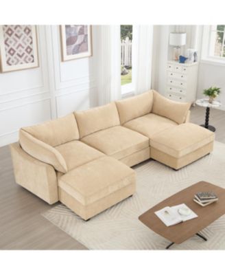 U-Shaped 3-Seater Sofa w/ Footstools & Storage - Chenille Wheat