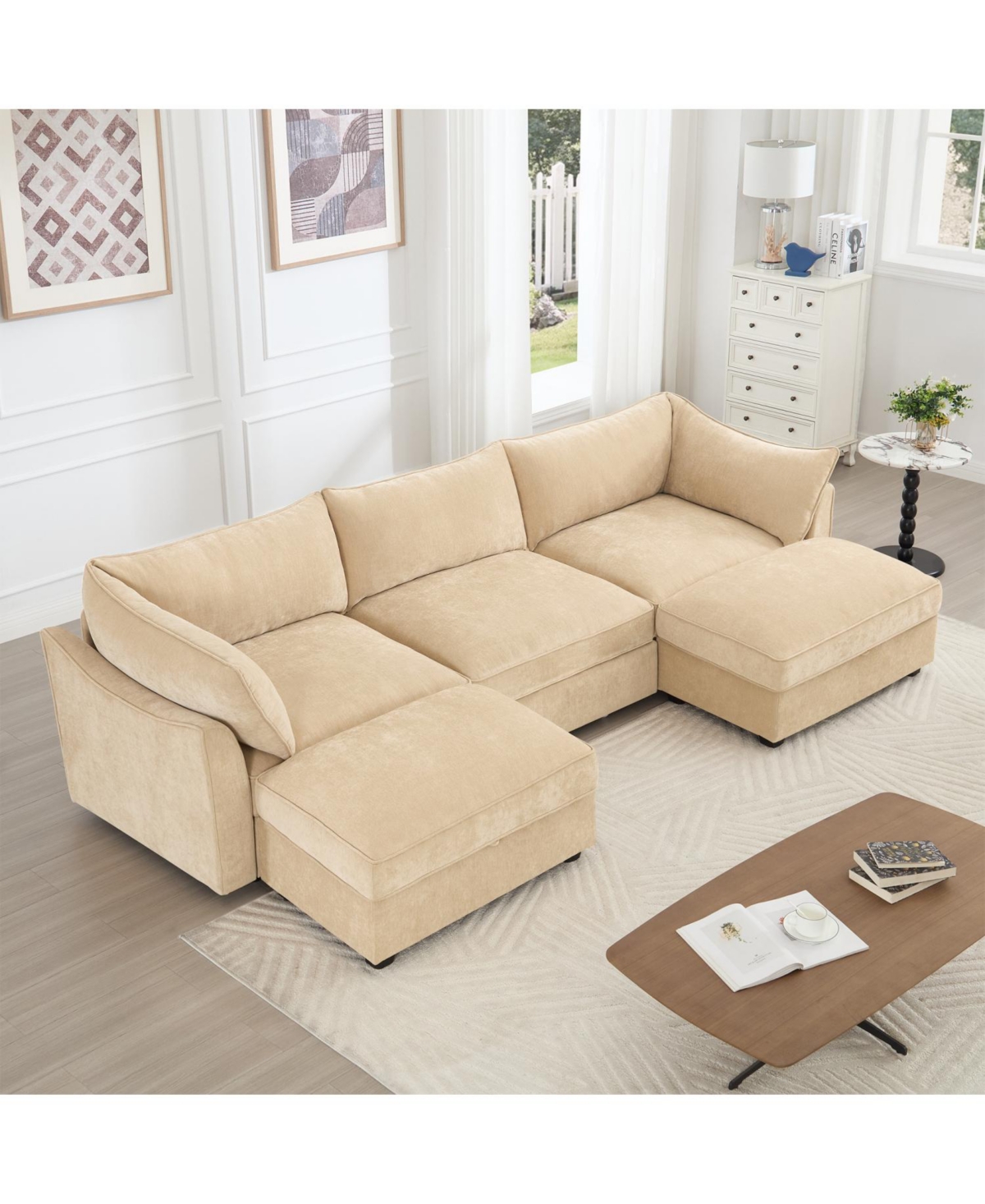 Streamdale Furniture U-Shaped 3-Seater Sofa w/ Footstools & Storage - Chenille Wheat