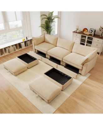 U-Shaped 3-Seater Sofa w/ Footstools & Storage - Chenille Wheat