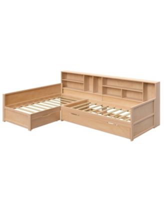  Twin L-Shaped Daybed with Trundle, Storage & Bookcases - Natural