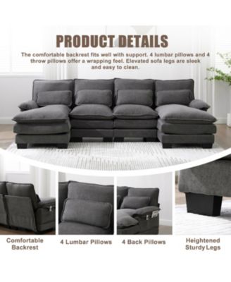 U Shaped Cloud Couch, 110" Chenille Sectional Sofa with Double Chaise