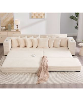 Corduroy L-Shaped Sectional Sofa with Ottoman, Pillows & Cup Holders - Beige