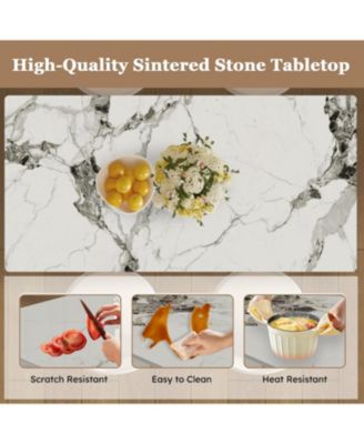 63" Modern Dining Table Set, Burnt Stone Top, Gold Base, 4 White Chairs