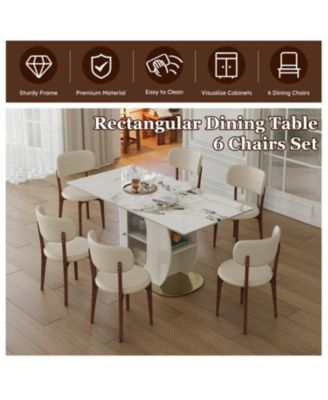 63" Modern Dining Table Set, Burnt Stone Top, Gold Base, 6