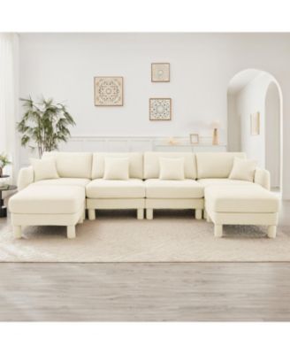 Streamdale Boucle U-Shape Sectional Sofa with Shell Armrests & Ottomans - Beige