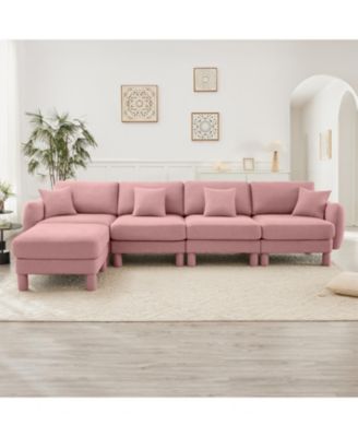 Boucle Convertible Sectional Sofa with Ottoman, Shell Arms