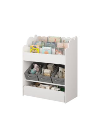 Kids Bookshelf with Storage Bins & Drawer - White Wooden Book Organizer