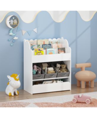 Kids Bookshelf with Storage Bins & Drawer - White Wooden Book Organizer