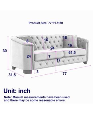 77" Modern Chesterfield Velvet Sofa, Tufted 3-Seater, Nailhead Arms (Grey