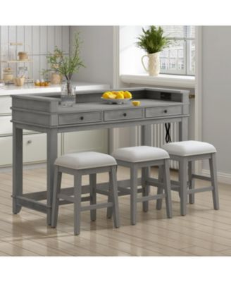 4-Piece Retro Dining Table Set with 3 Storage Drawers (Light Grey)