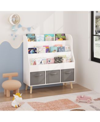 Streamdale Kids Bookshelf with 3 Fabric Bins White Wooden Book ...