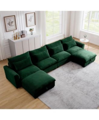 Green Corduroy U-Shaped Sectional Sofa with Storage Ottomans