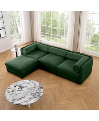 Elegant Green Chenille L-Shaped Sofa with Storage and Ottoman.