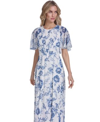 Women's Cape-Sleeve Smocked Printed Dress