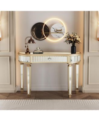 Streamdale 47" Half-Moon Mirrored Console Table - Fluted Glass & Crystal Knob