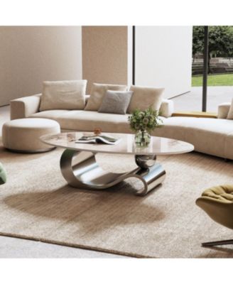 49" Faux Marble Oval Coffee Table, Steel Base