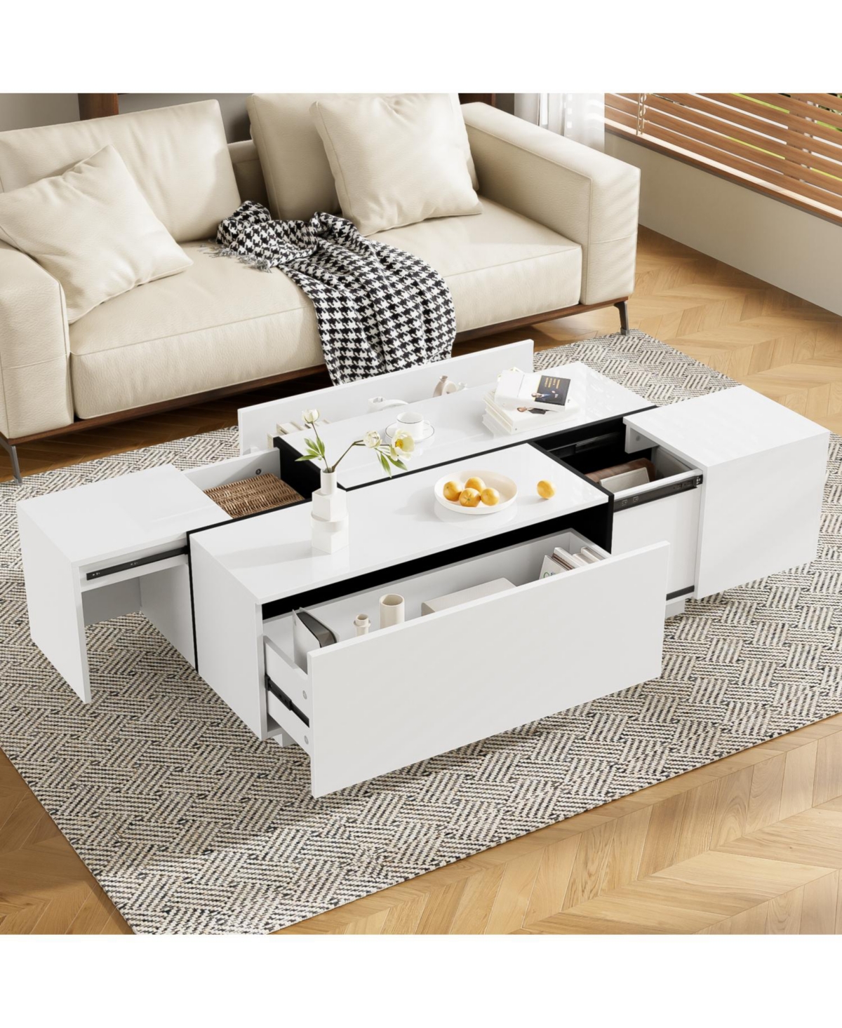 Streamdale Furniture Extendable High-Gloss Coffee Table w/ Storage Drawers