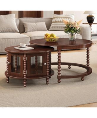 Vintage Round Nesting Coffee Table, Bamboo Glass Doors, Beaded Legs, Walnut, 31.5"