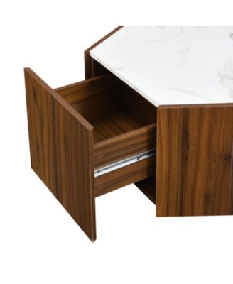 Rustic Hexagonal Coffee Table, Drawers, Marble Top, Light Oak