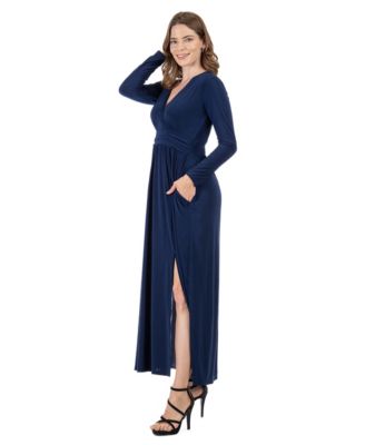 Women's Long Sleeve V-Neck Side Slit Maxi Dress