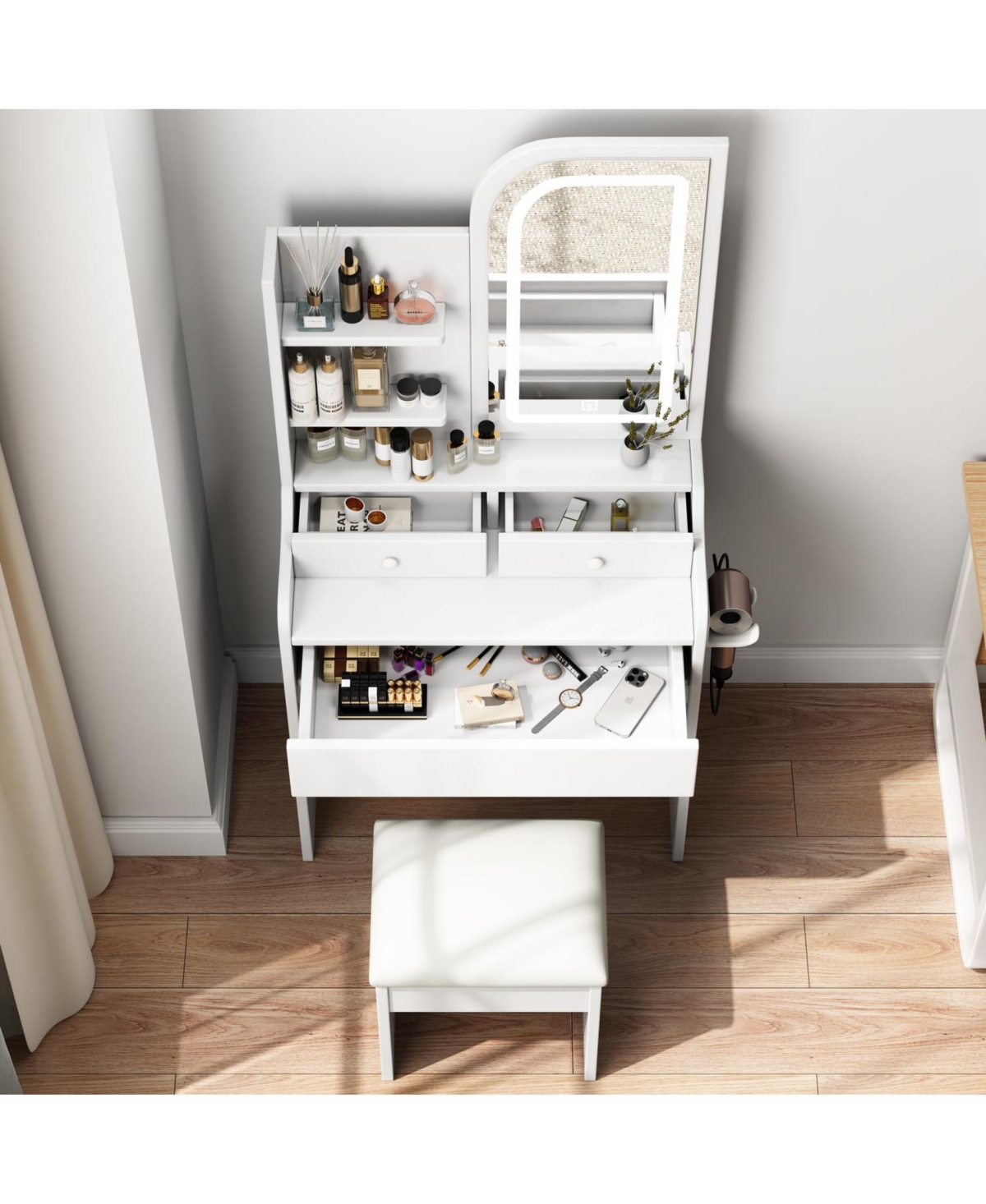 Streamdale Furniture Sturdy Makeup Table with Adjustable Led Mirror and Ample Storage