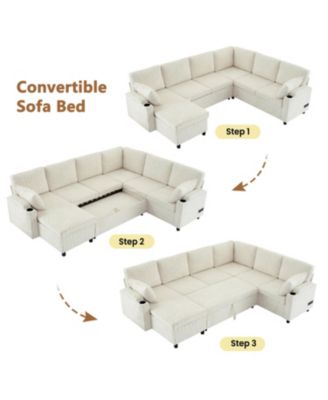 109.9" U-Shaped Sectional Sofa Bed with Storage, Cup Holders & Charging