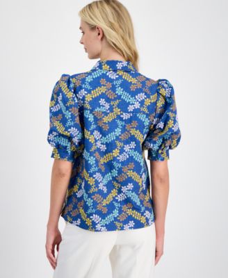 Women's Embroidered Puff-Sleeve Button-Front Blouse