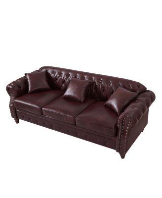 85.8" Chesterfield Sofa - Tufted Faux Leather PU - Burgundy