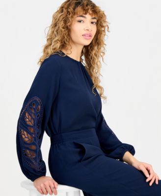 Women's Embroidered-Sleeve Crewneck Blouse