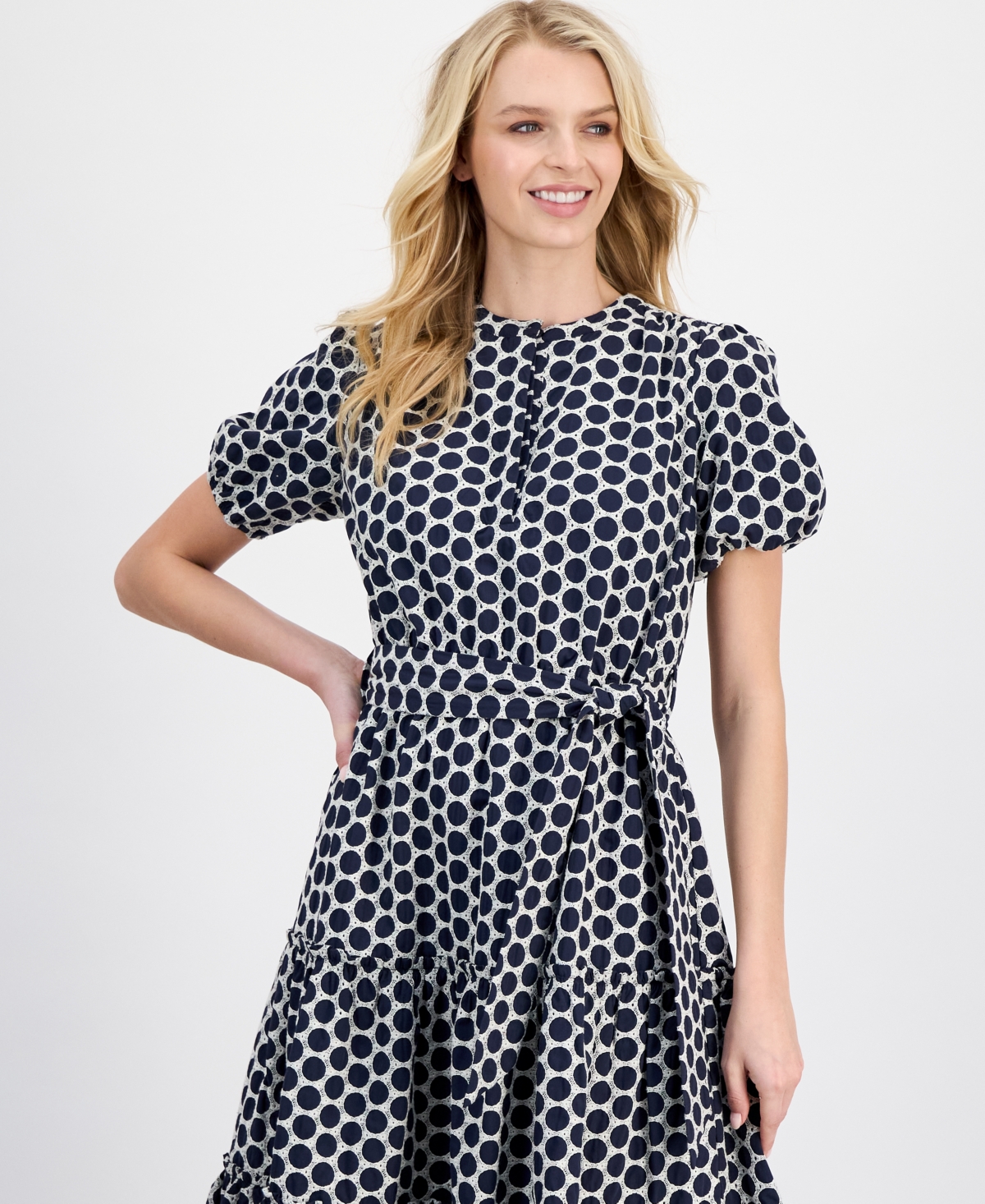 T Tahari Women's Embroidered Tie-Waist Midi Dress