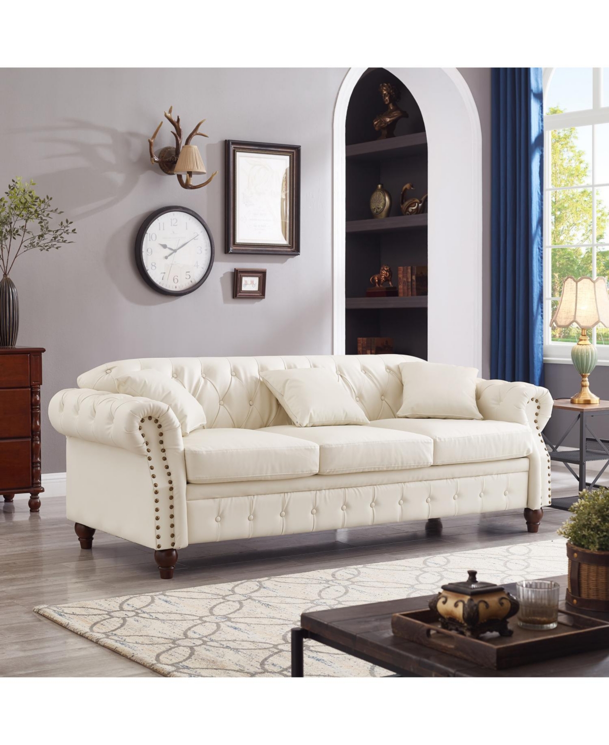 Streamdale Furniture Ivory Chesterfield Sofa Tufted Faux Leather with Storage