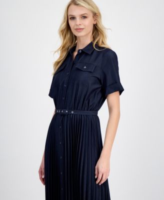 Women's Belted Button-Front Midi Dress