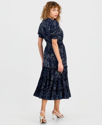 Women's Floral-Print Smocked-Waist Elbow-Sleeve Dress