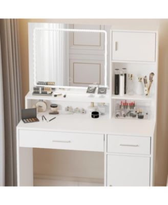 Vanity Desk with Mirror, LED Light, Drawer & Storage