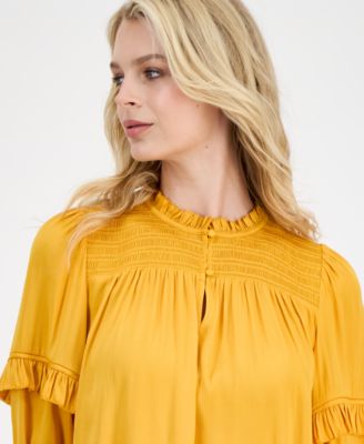 Women's Smocked Ruffle-Trim Elbow-Sleeve Top