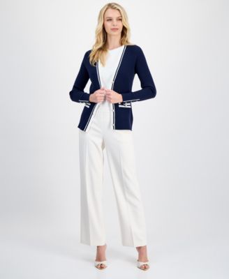 Women's Contrast-Trim Ribbed Knit Button-Front Cardigan