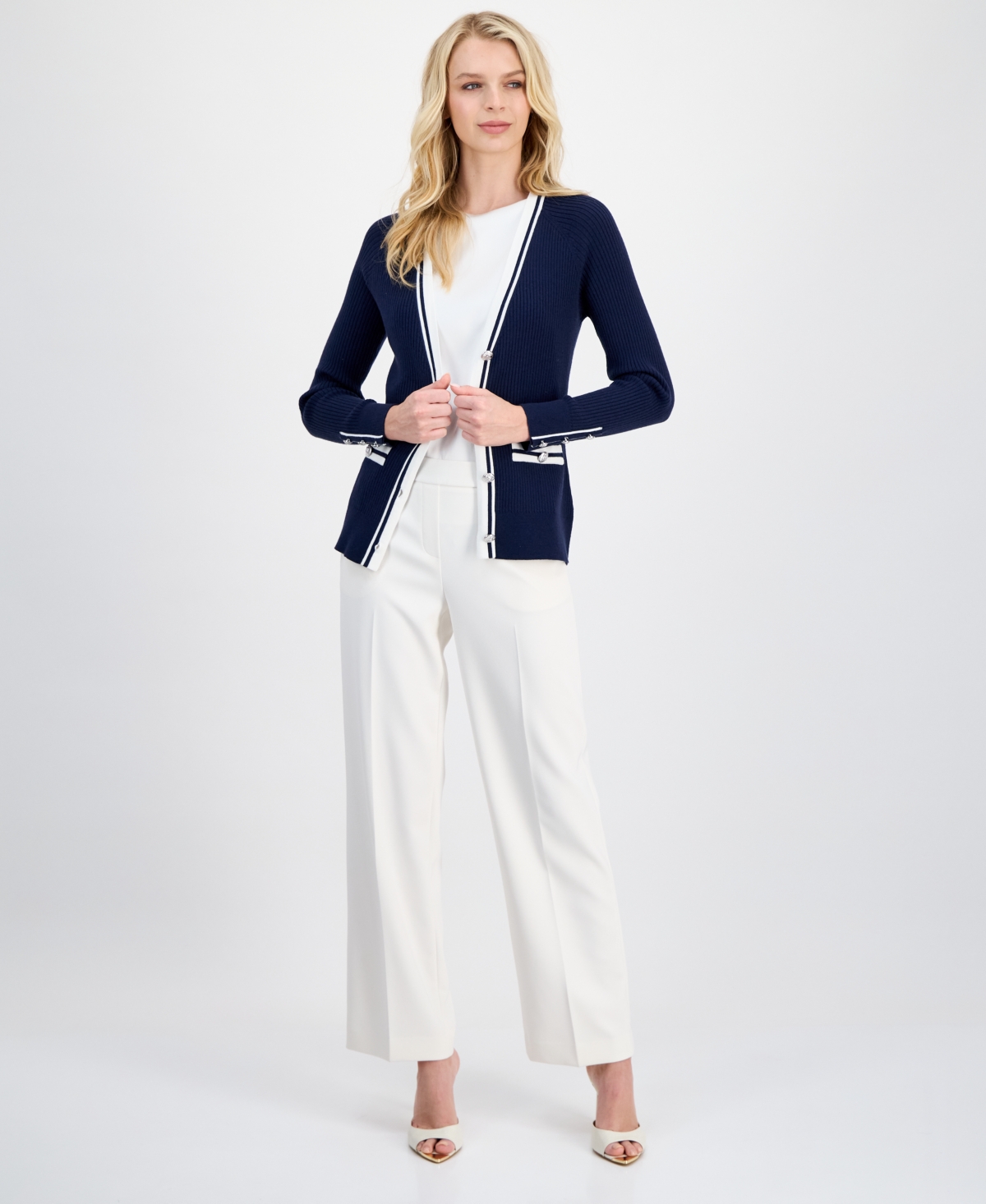 T Tahari Women's Contrast-Trim Ribbed Knit Button-Front Cardigan