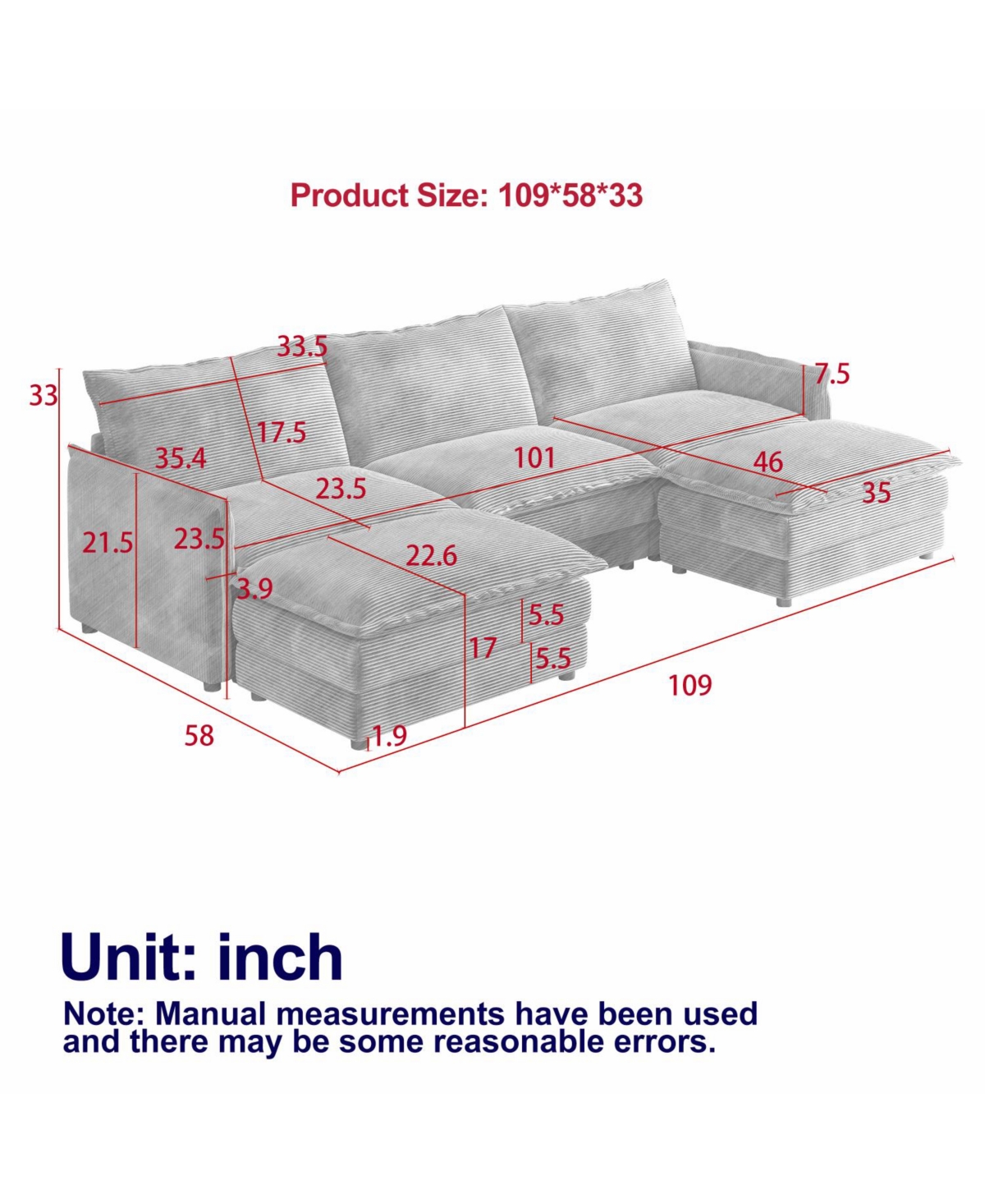 Streamdale Furniture Corduroy 3-Seater Cloud Couch with Footrests & Cushions