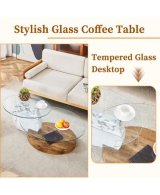 Contemporary White Marble & Wood Coffee Table