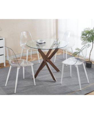 Modern Glass Dining Table Walnut Metal Legs