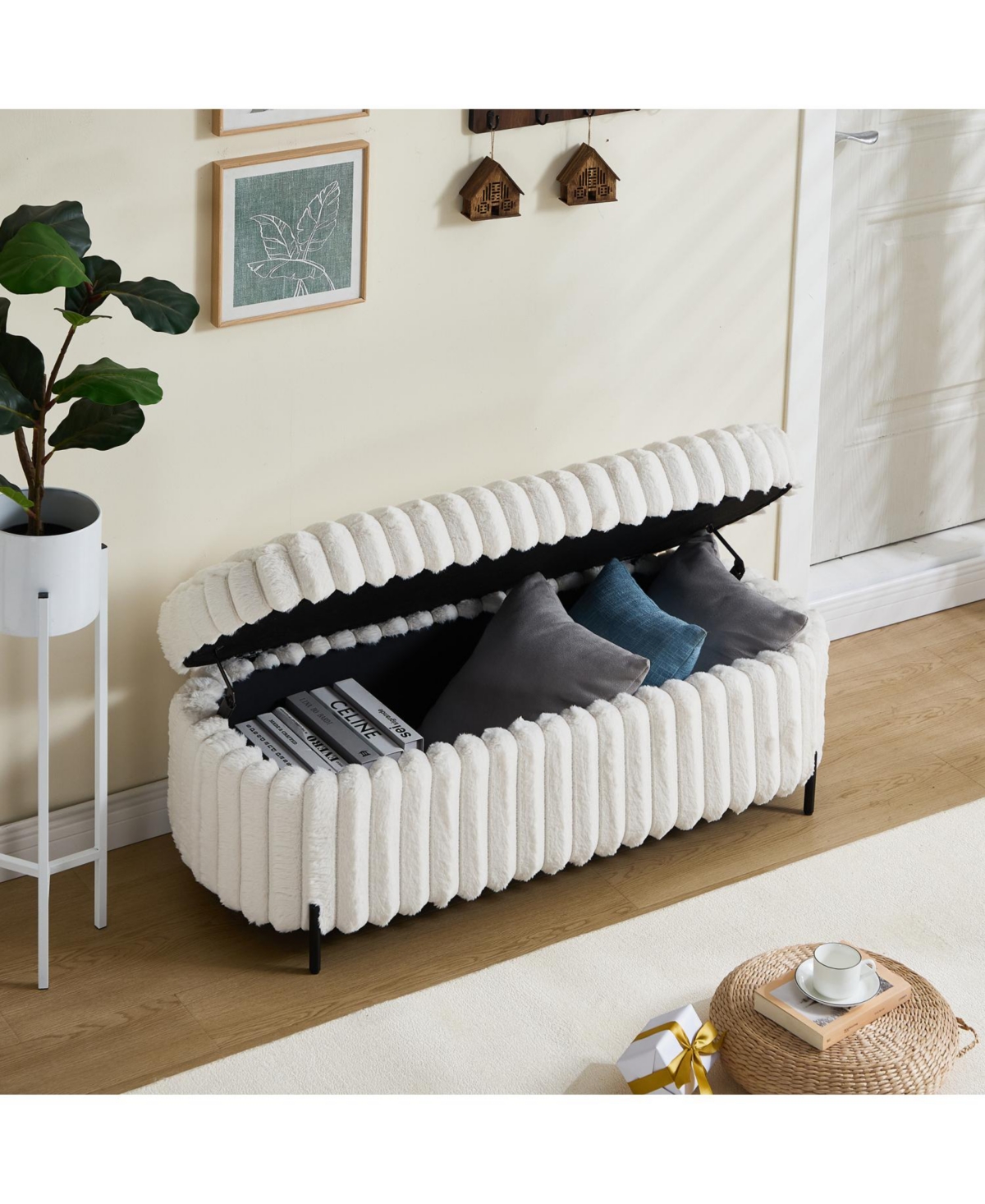 Streamdale Furniture Faux Fur Flip Top Storage Bench - Beige