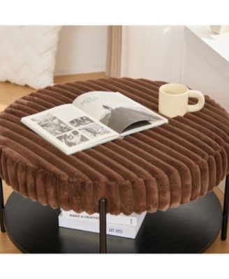 Upholstered Round Ottoman Coffee Table with Storage Shelf - Brown