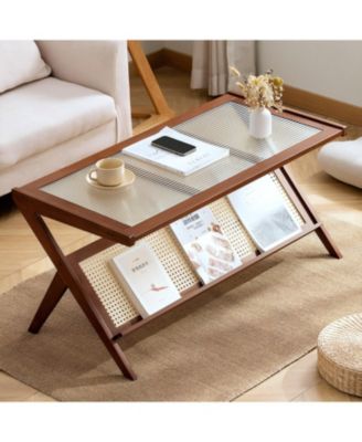 Rattan Coffee Table with Glass Top & Storage