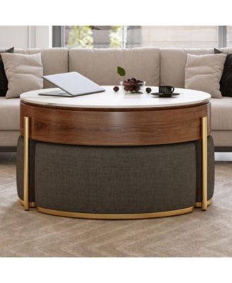Lift-Top Coffee Table Walnut Veneer Ottomans