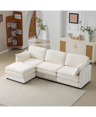Streamdale Plush Cloud 3 Seater Sofa & Ottoman - Beige Chenille Cushions & Throw Pillows