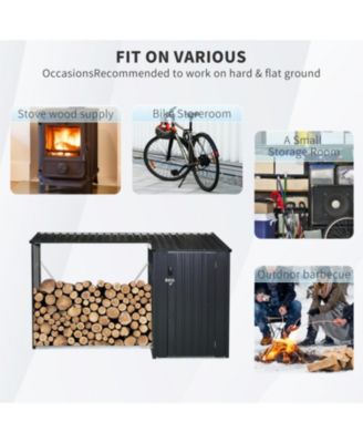 Outdoor Steel Firewood Rack & Storage Shed - Black