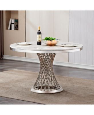 47" Round Marble Dining Table, High Gloss Faux Marble Top, Stainless Steel Base