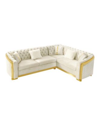 L-Shaped Chesterfield Sectional Sofa, Velvet, Gold Accents, Beige
