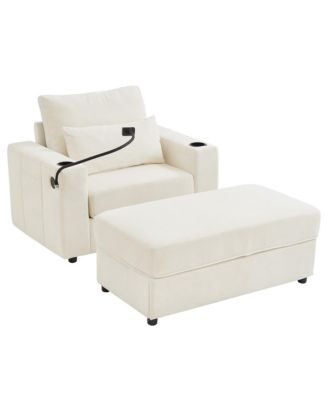 Modern Armchair Chaise Lounge Sofa with Ottoman, USB Ports & Cup Holders